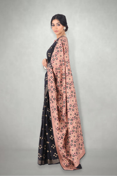 Black & Pink Ombre Ikat Printed Saree Set