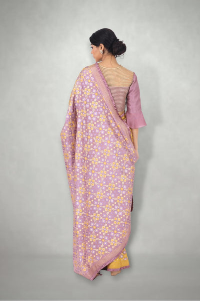 Mauve & Mustard Ombre Ikat Printed Saree Only