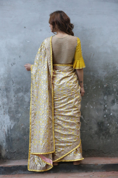 Beige Gold Ikat Printed Silk Saree Set