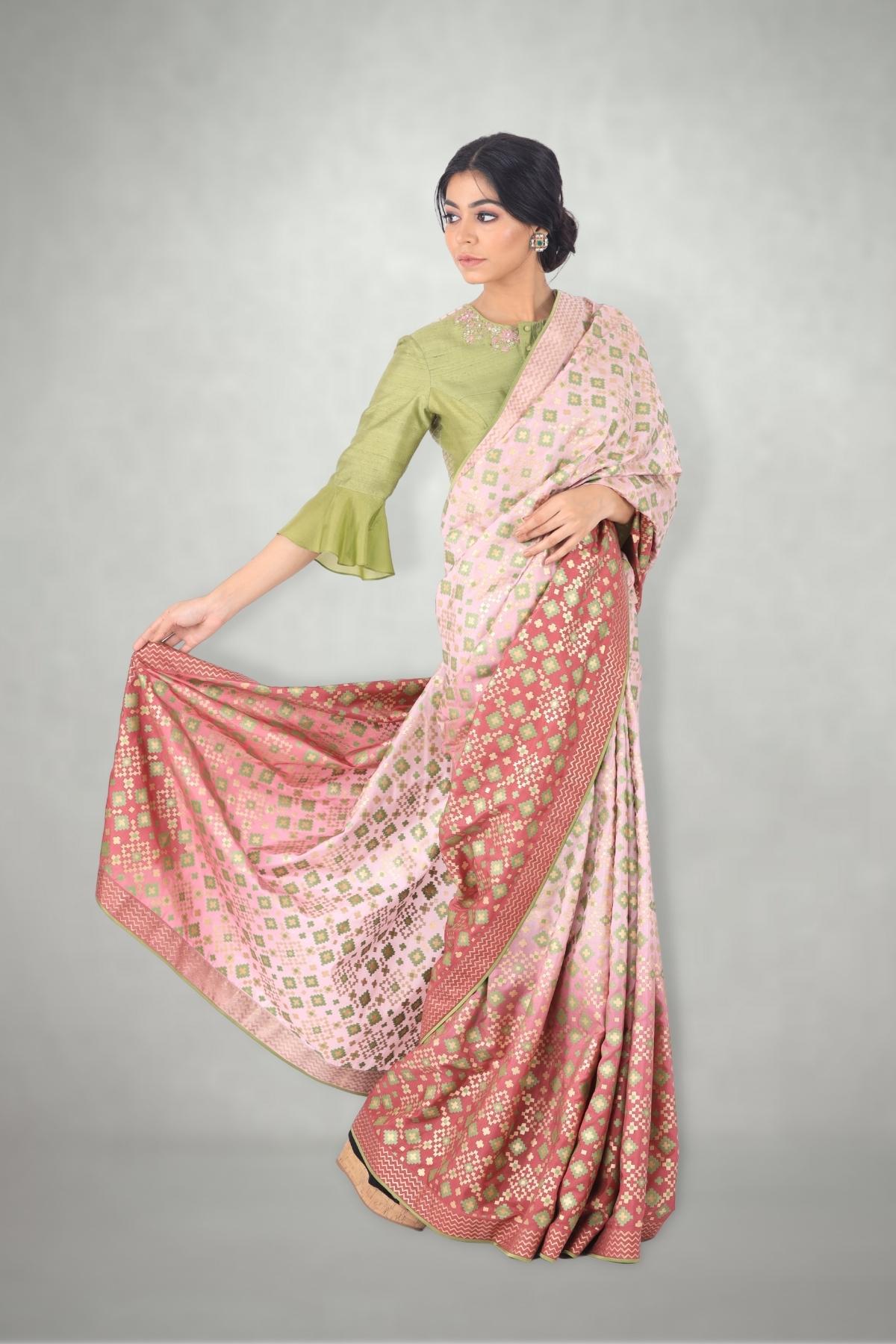 Lilac Pink Ombre Ikat Printed Silk Saree Only