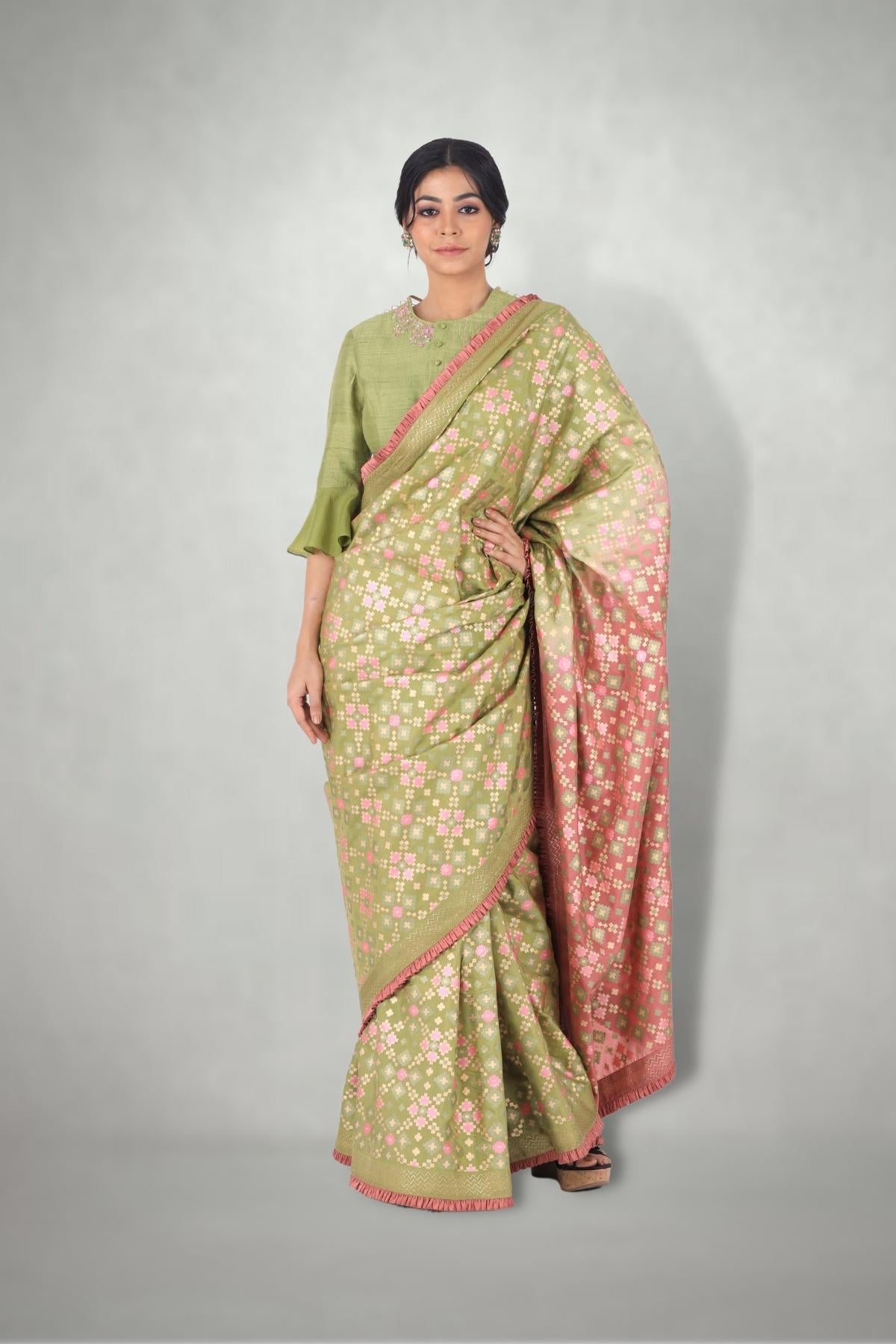 Green Pink Ombre Ikat Printed Silk Saree Only