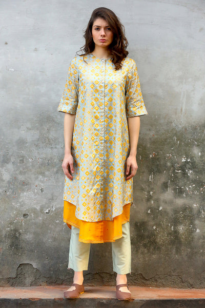 Mint Mustard Ikat Printed Kurta Set