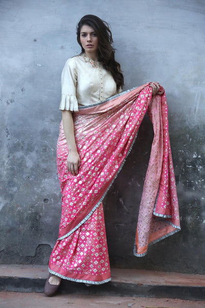 Pink Peach Ombre Ikat Printed Silk Saree Only