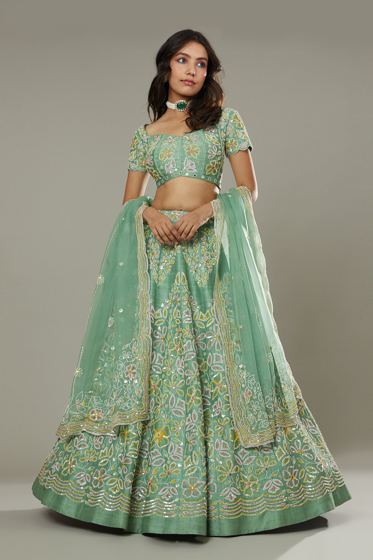 Green apple candy hand embroidered raw silk lehenga set