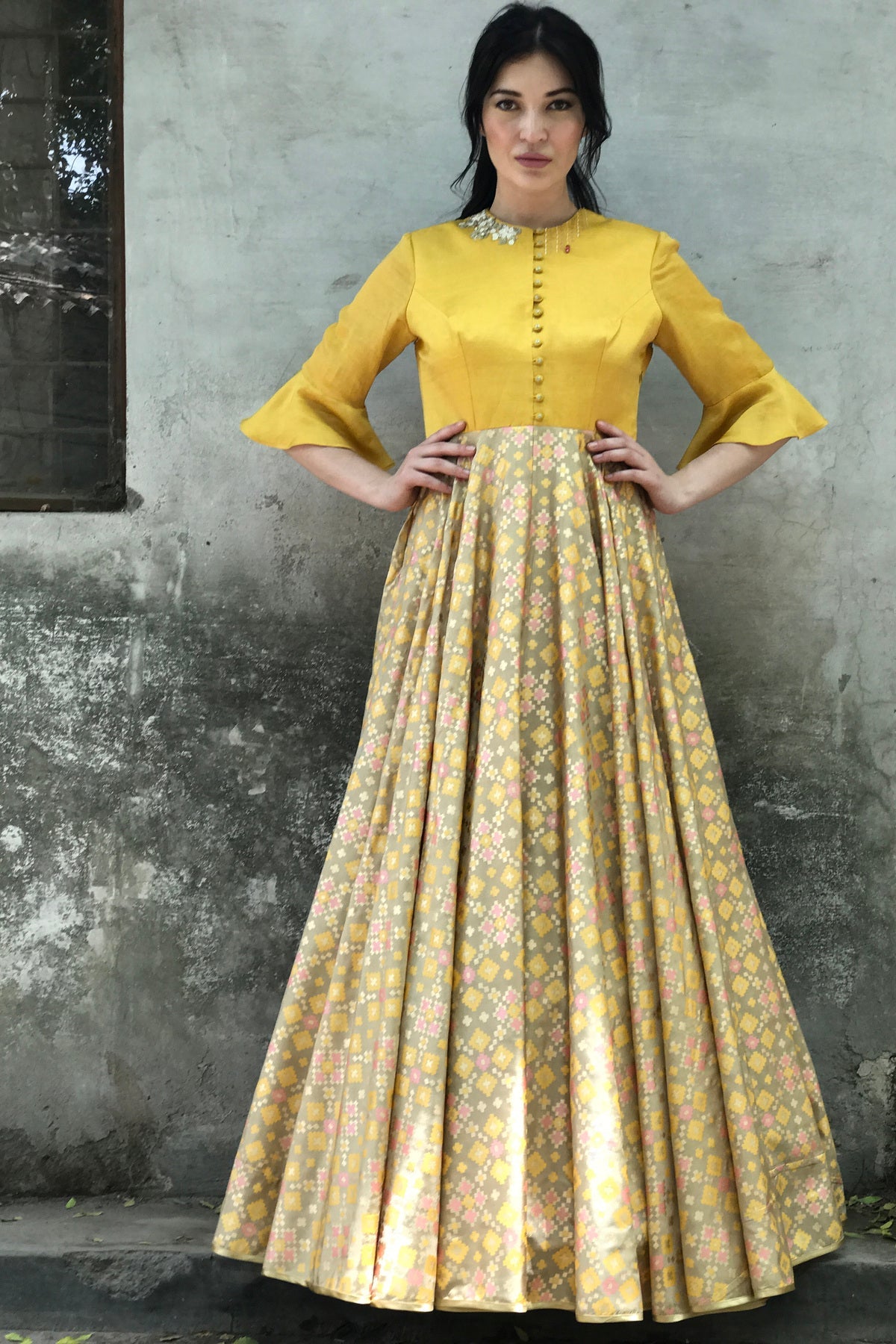 Beige Mustard Ikat Printed Gown