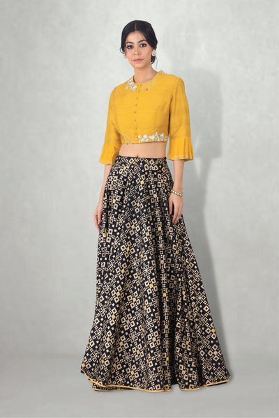 Black Mustard Ikat Printed Lehenga Set