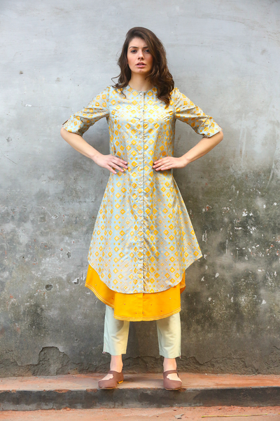 Mint Mustard Ikat Printed Kurta Set