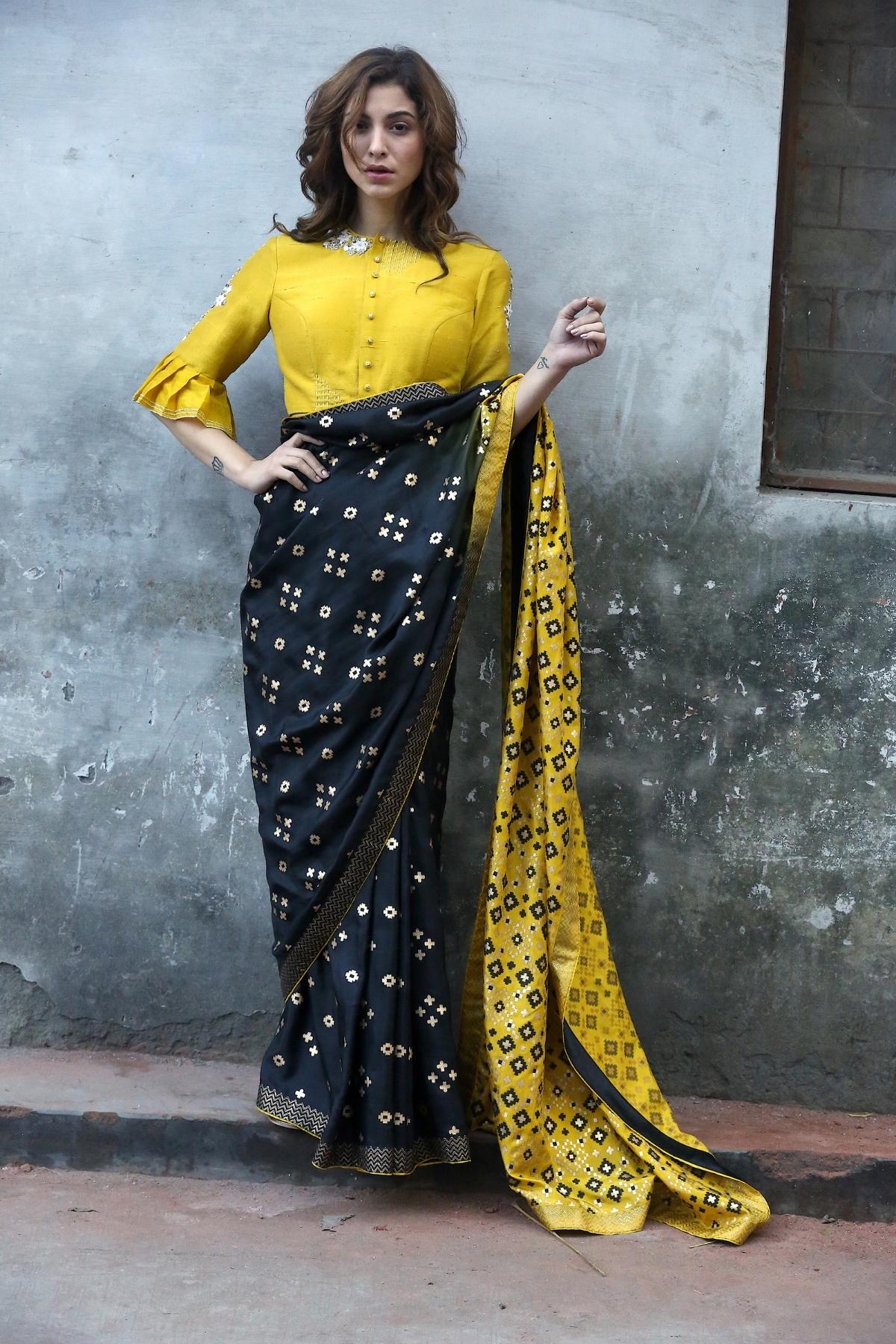 Black & Mustard Ombre Saree Set