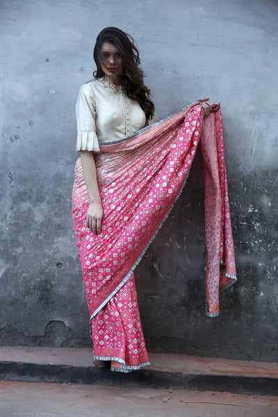 Pink Peach Ombre Ikat Printed Silk Saree Only