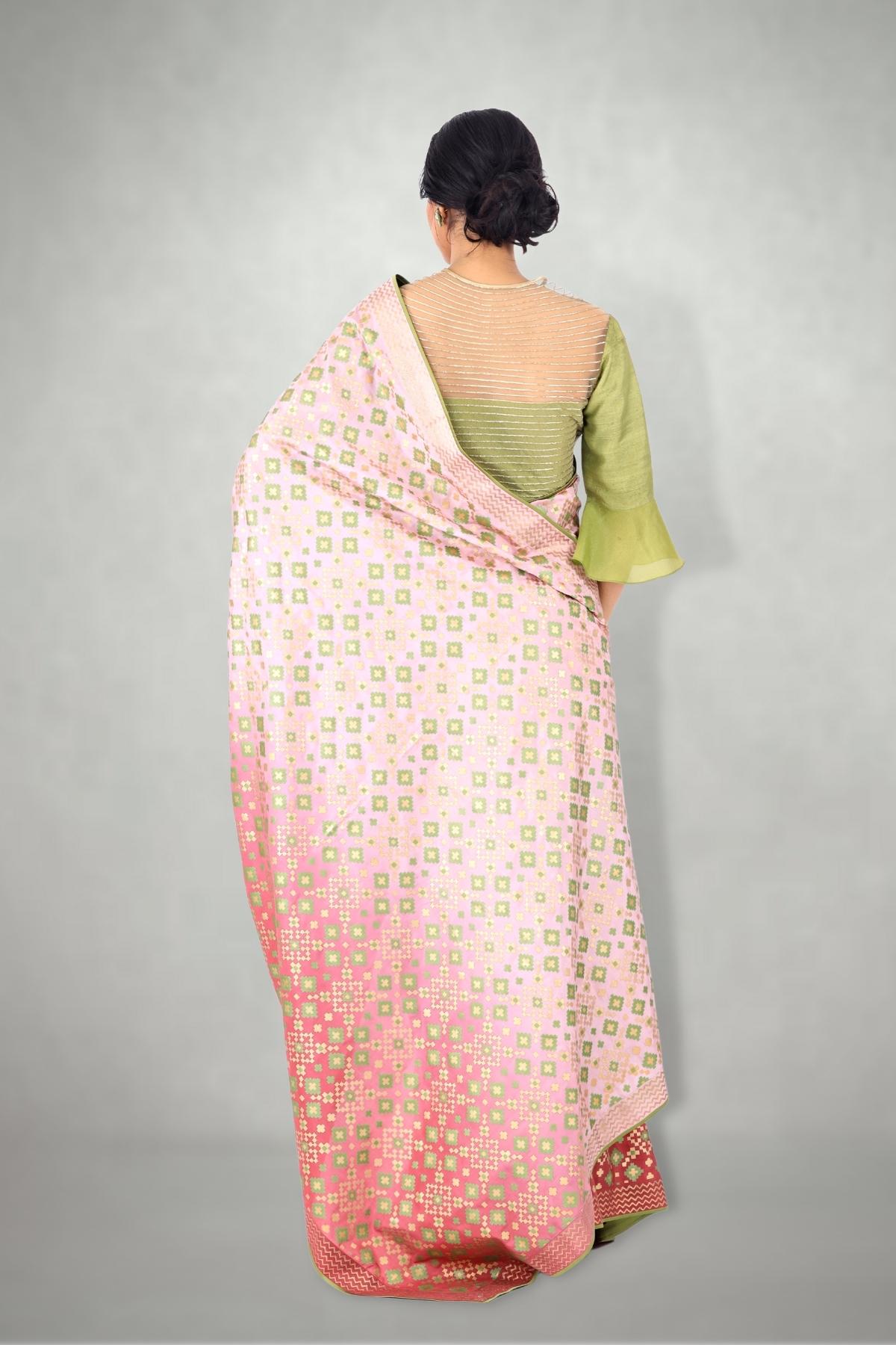 Lilac Pink Ombre Ikat Printed Silk Saree Only