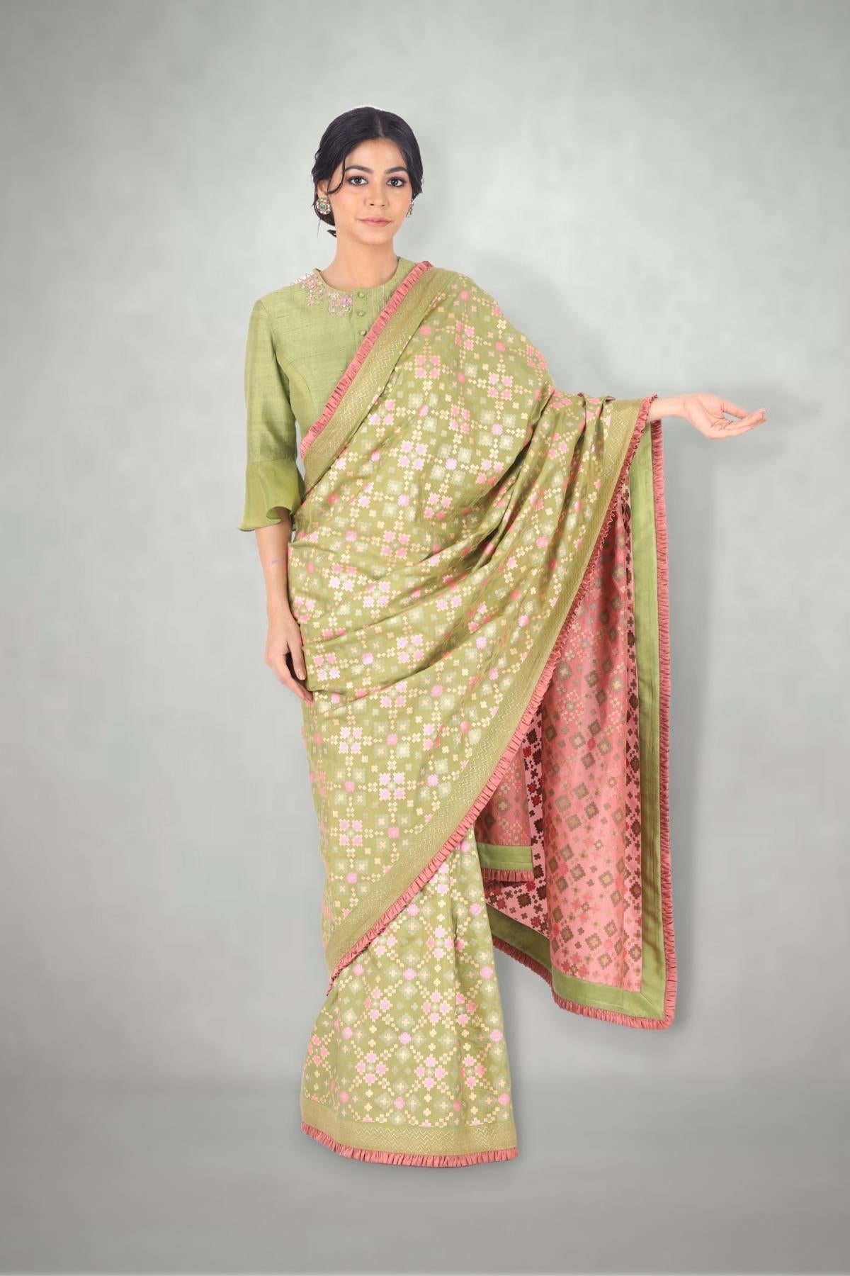 Green Pink Ombre Ikat Printed Silk Saree Only