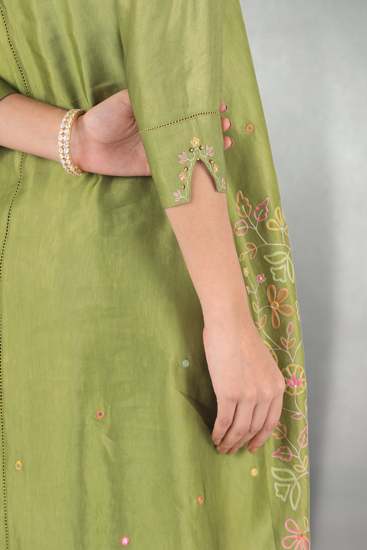 Olive Green Aari & Mirror Work Suit Set