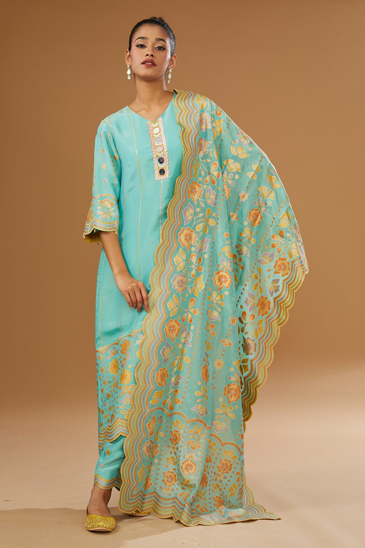 Colorful hand printed hand embroidered silk suit set