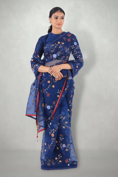 Blue Aari & Mirror Work Saree Only