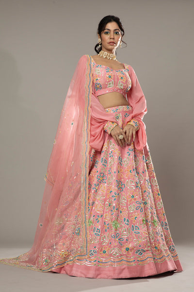 Candy floss hand embroidered raw silk lehenga set