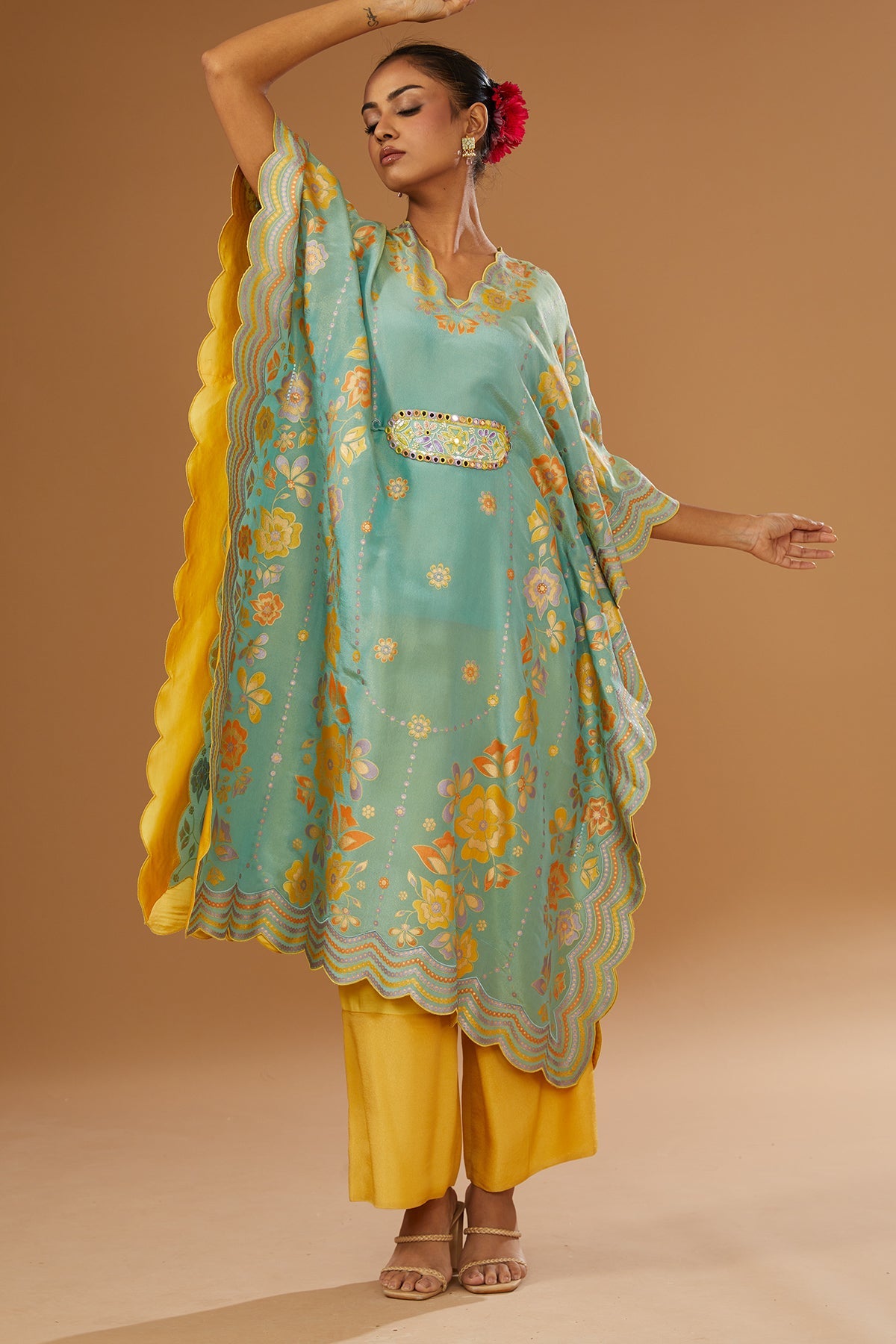 Colorful Hand Printed & Embroidered Kaftan Set