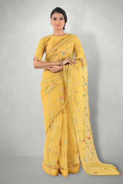 Mustard Aari & Mirror Work Saree Only