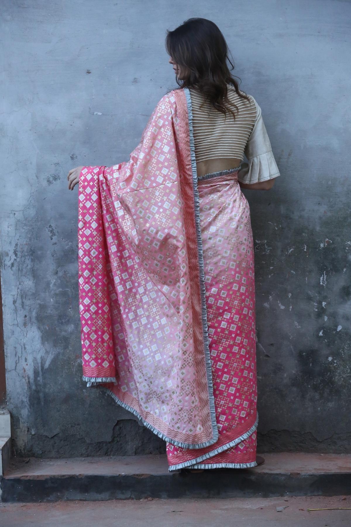 Pink Peach Ombre Ikat Printed Silk Saree Set