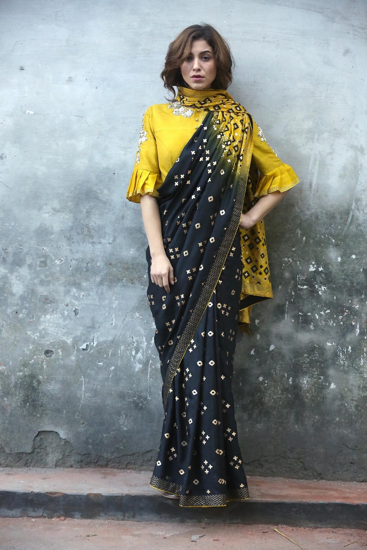 Black & Mustard Ombre Saree Set