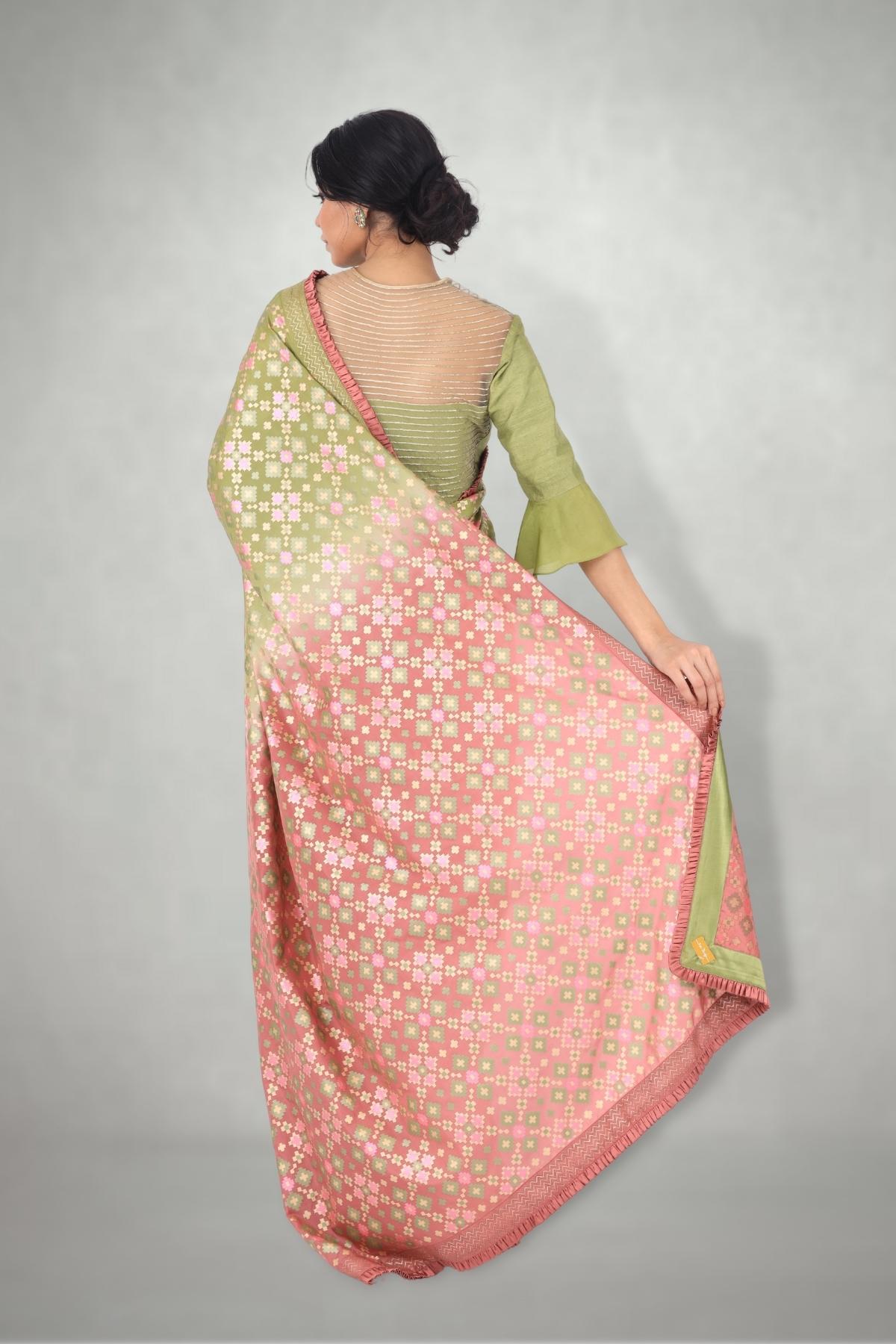 Green Pink Ombre Ikat Printed Silk Saree Set