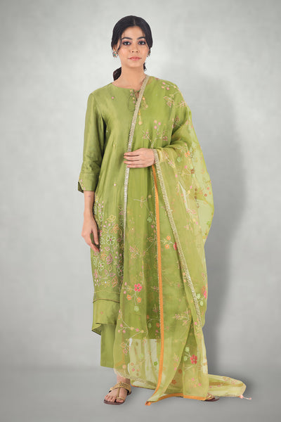 Olive Green Aari & Mirror Work Suit Set