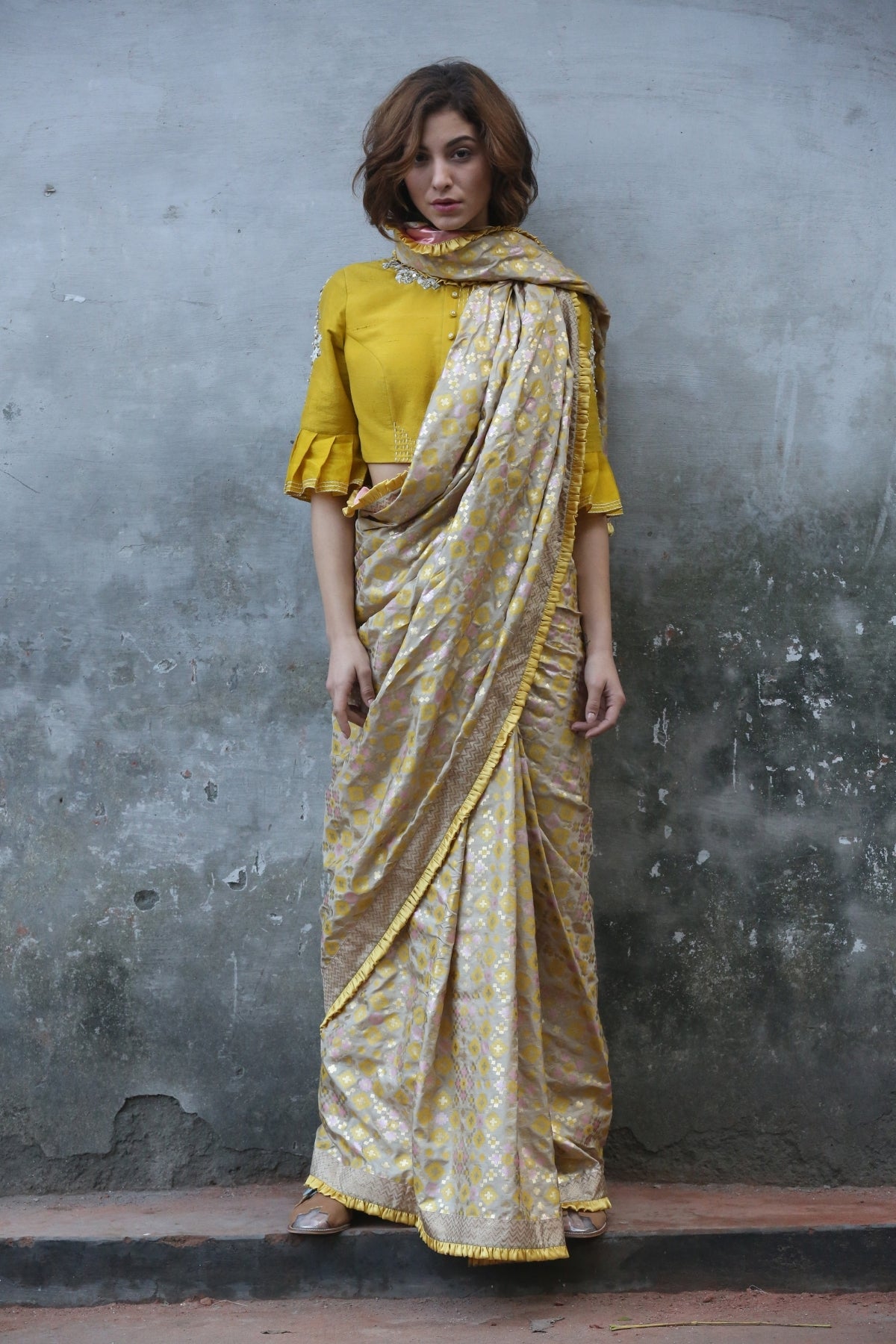 Beige Gold Ikat Printed Silk Saree Set