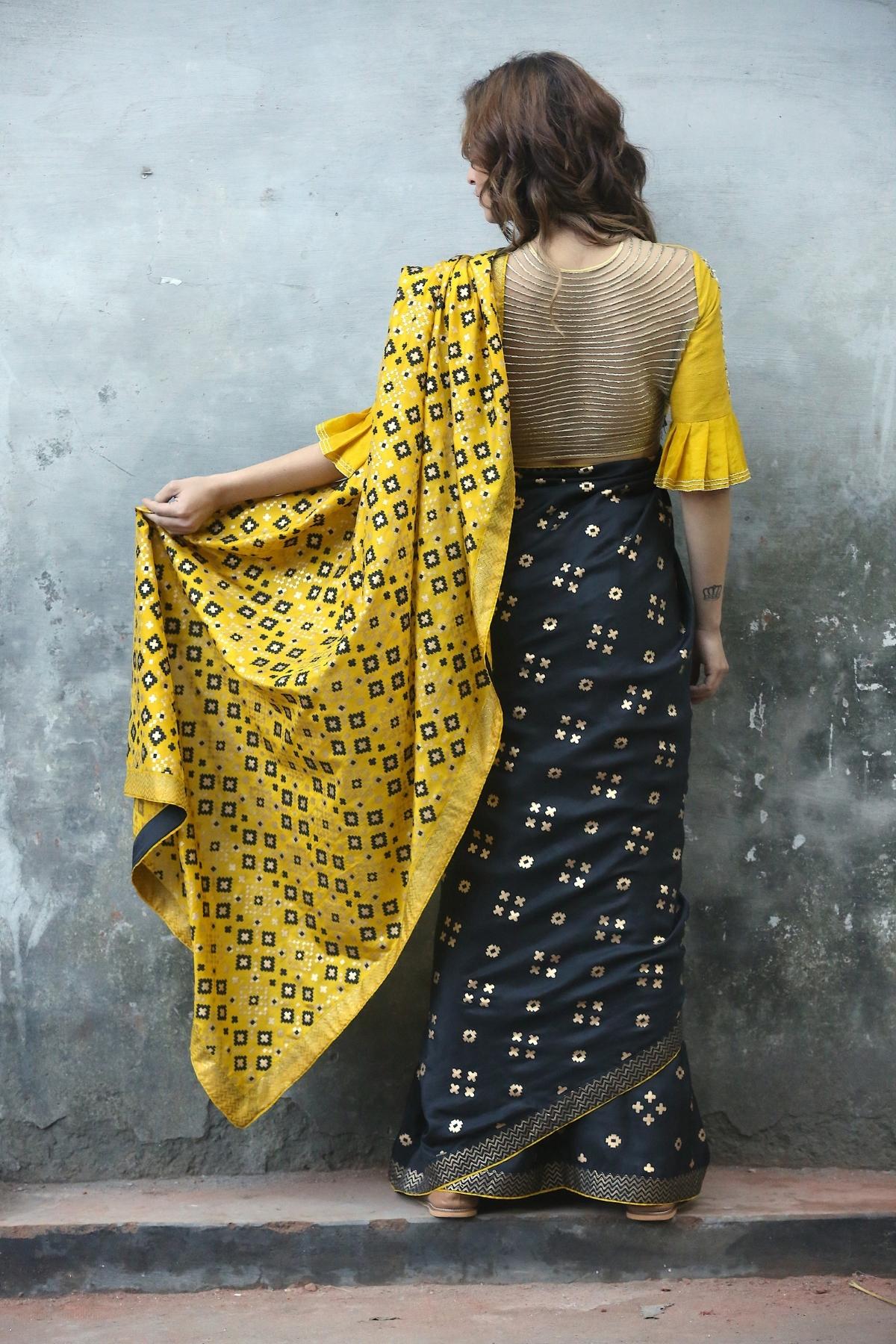 Black & Mustard Ombre Ikat Printed Silk Saree Only