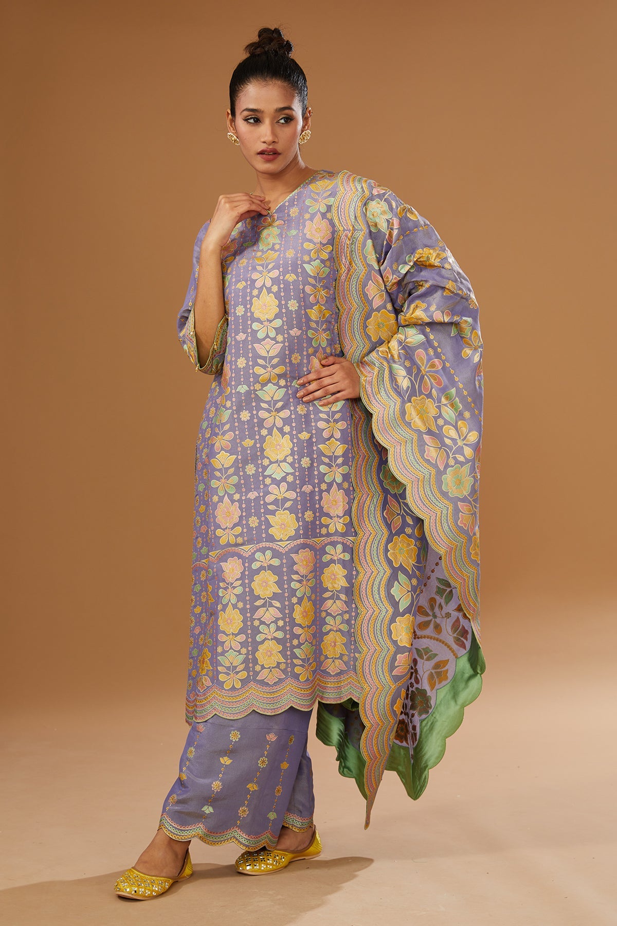 Colorful floral Hand printed silk suit Set