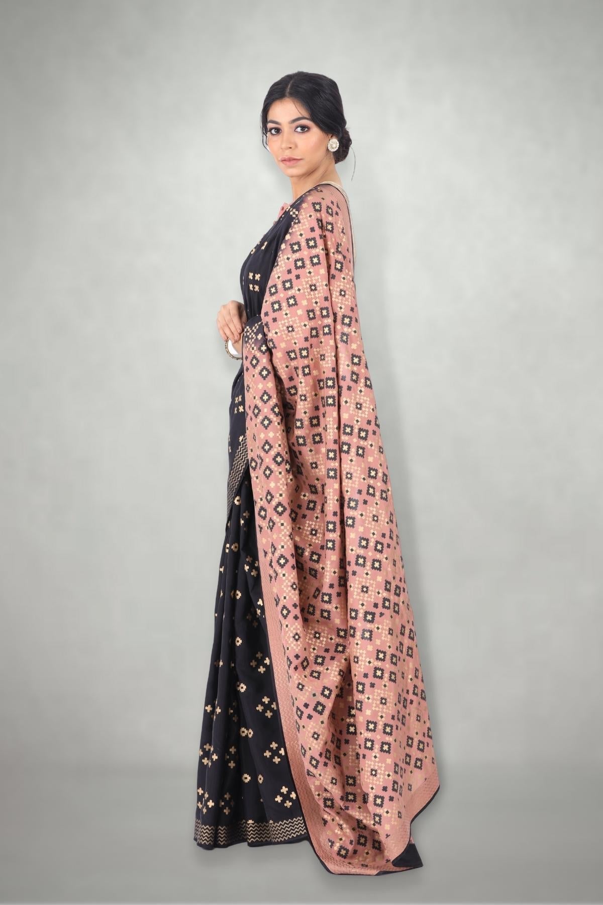 Black & Pink Ombre Ikat Printed Saree Only