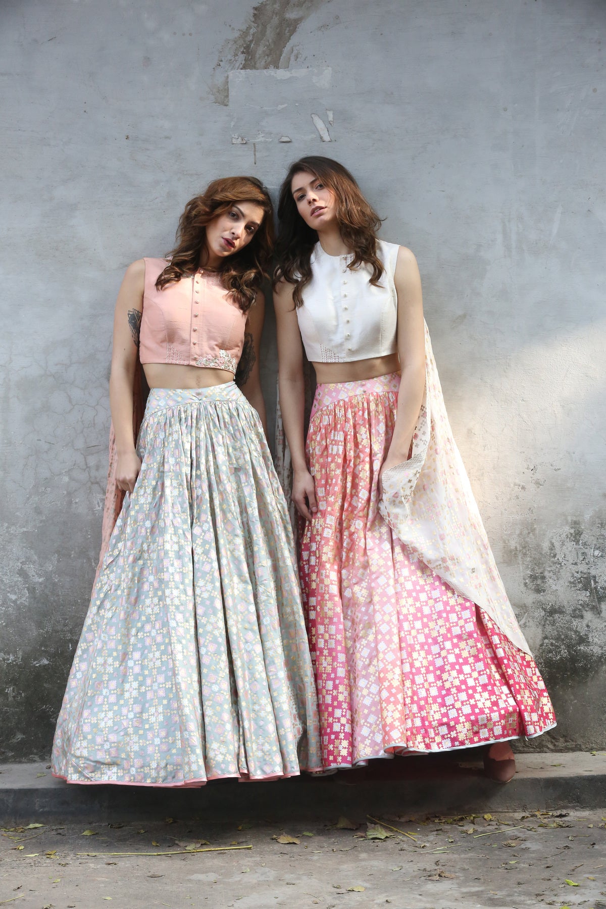 Mint Peach Ikat Printed Lehenga Set