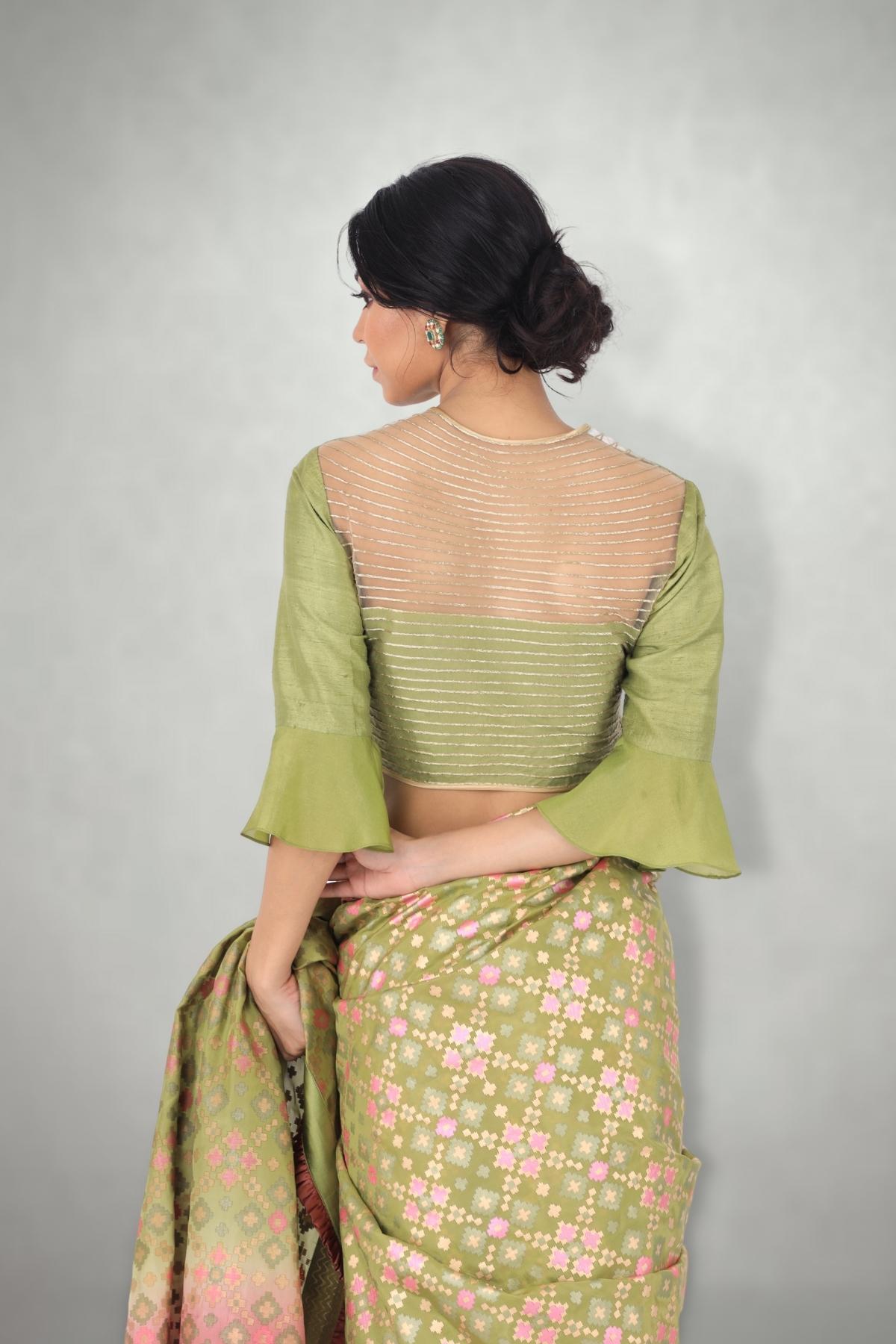 Green Pink Ombre Ikat Printed Silk Saree Set