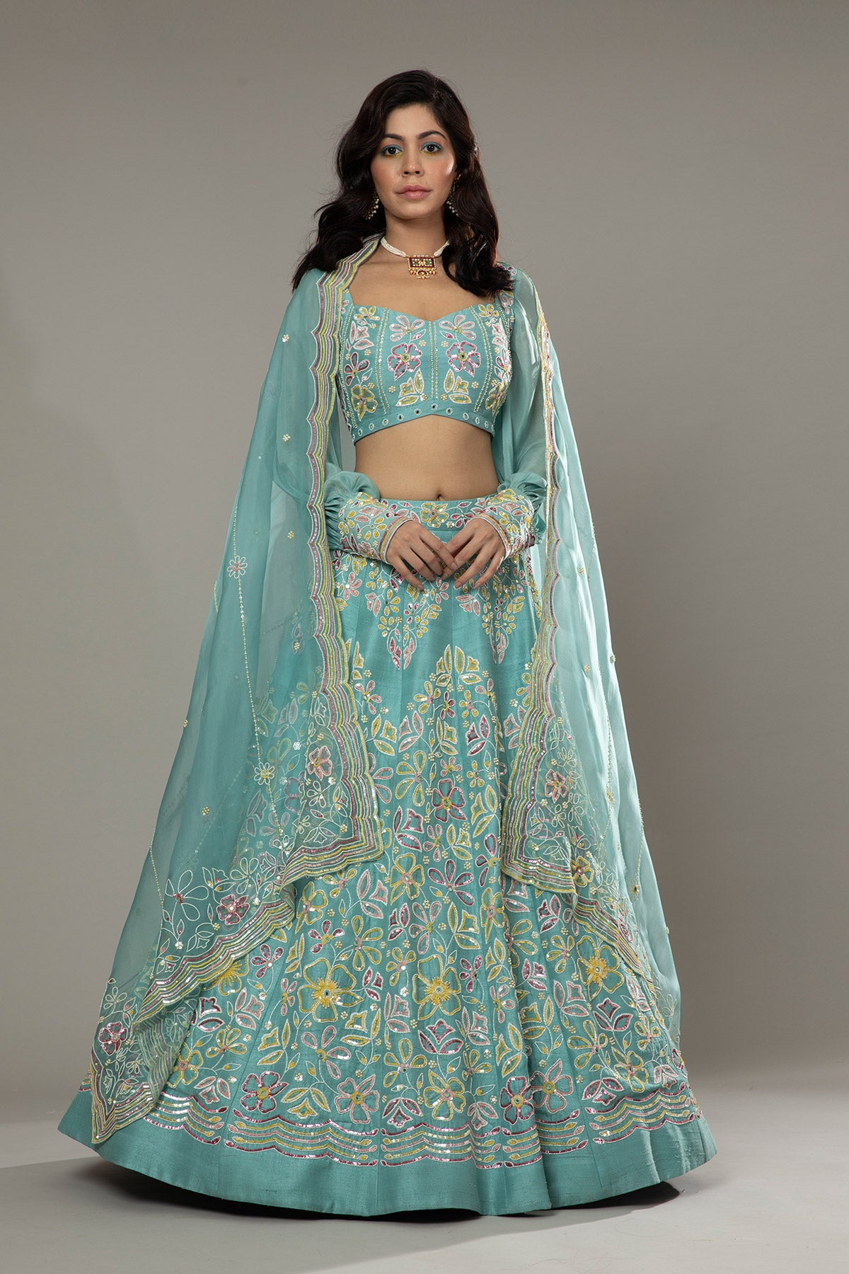 Pepper mint candy hand embroidered raw silk lehenga set