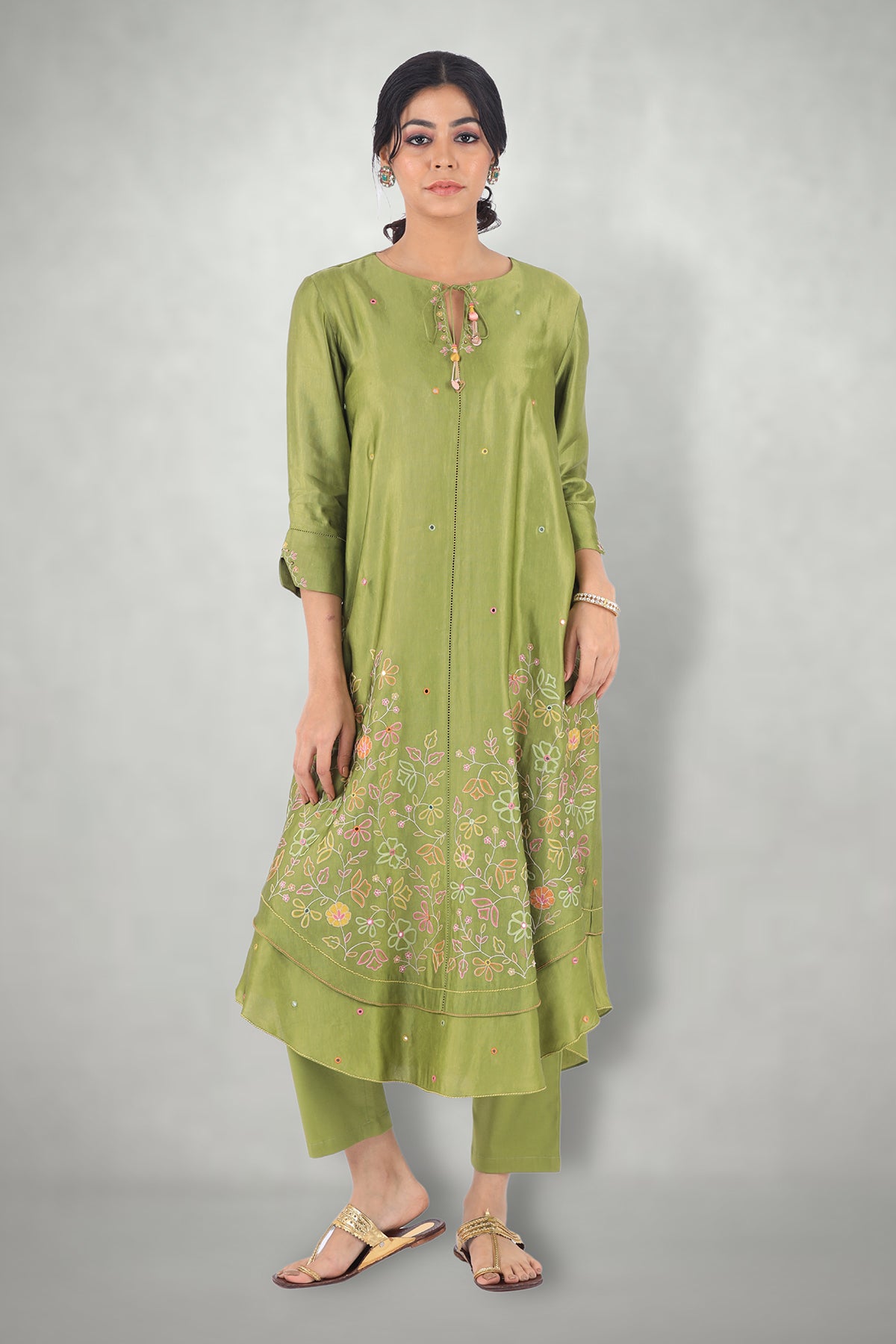 Olive Green Aari & Mirror Work Suit Set