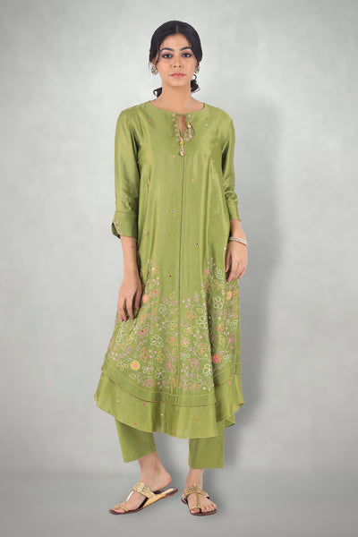 Olive Green Aari & Mirror Work Suit Set