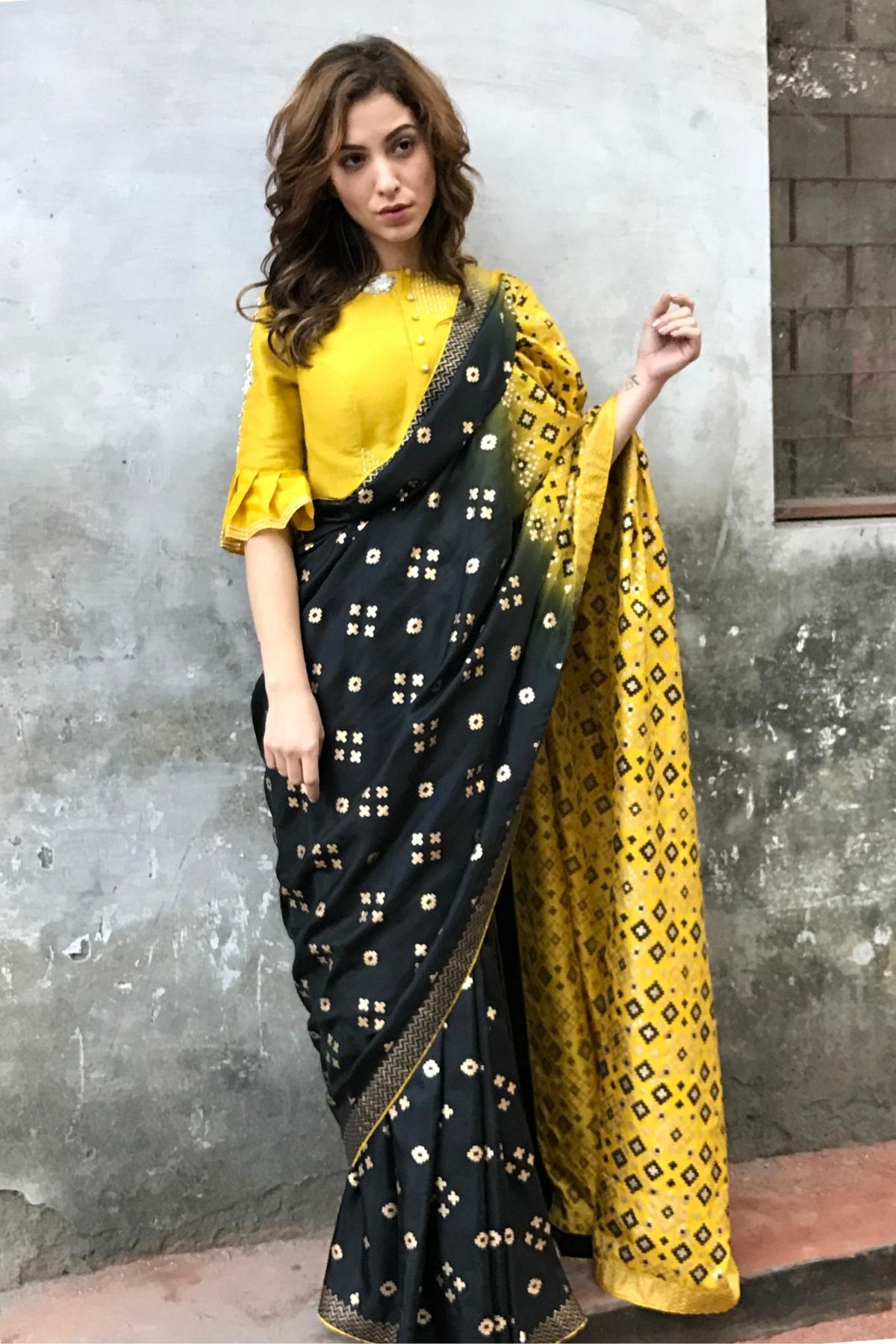 Black & Mustard Ombre Saree Set