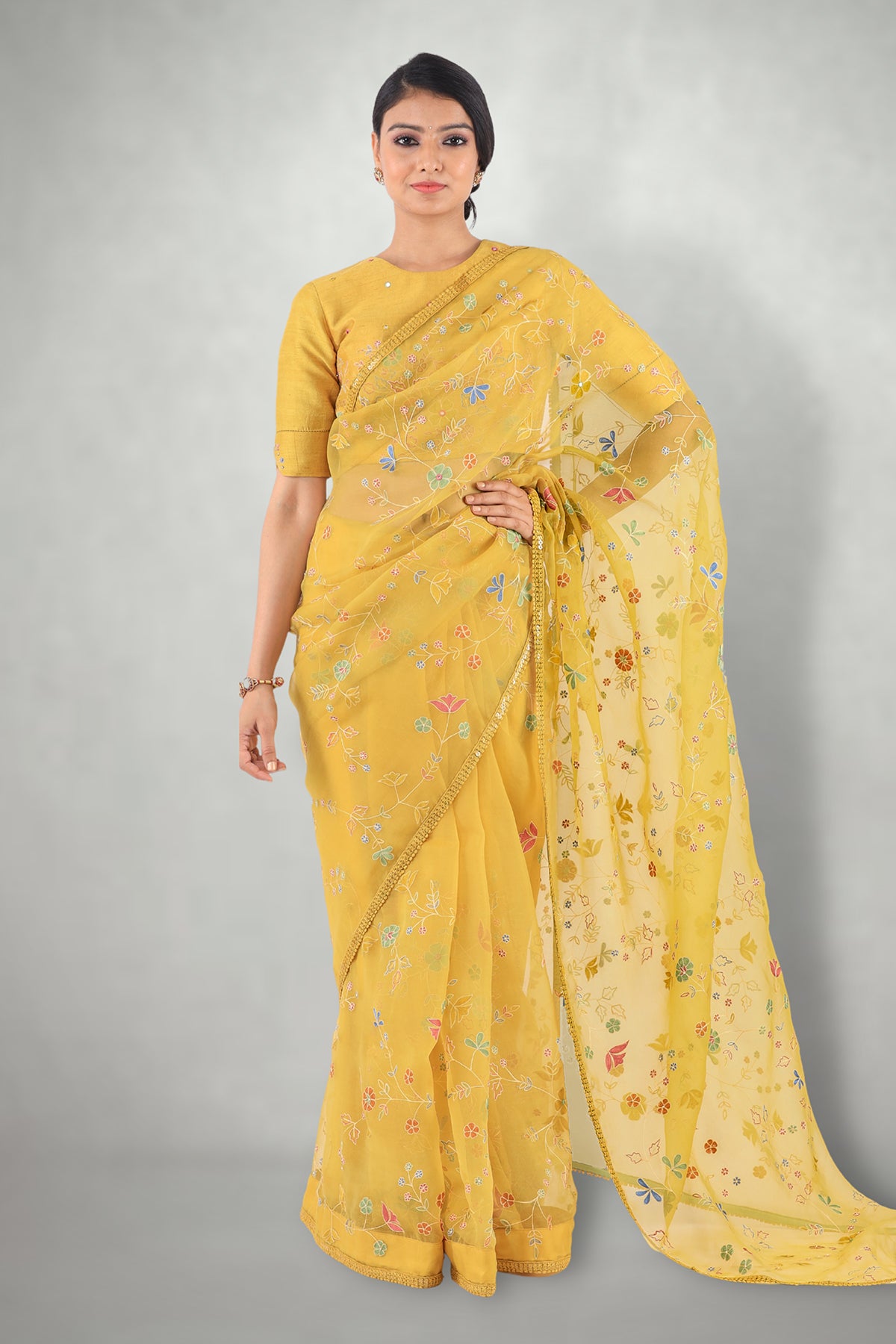 Mustard Aari & Mirror Work Saree Only