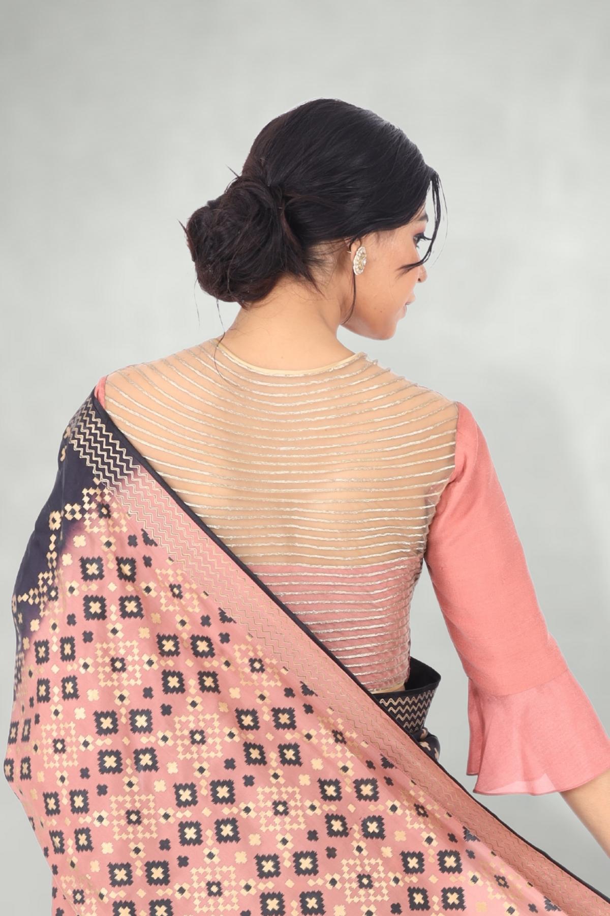 Black & Pink Ombre Ikat Printed Saree Set