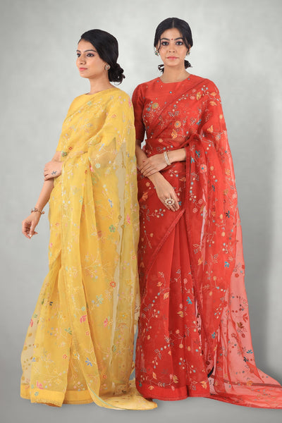 Mustard Aari & Mirror Work Saree Set