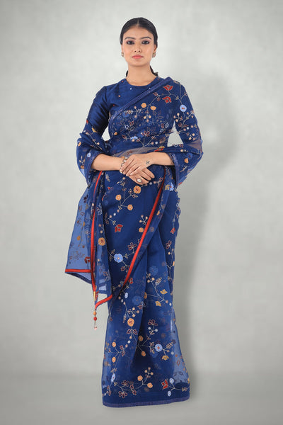 Blue Aari & Mirror Work Saree Only