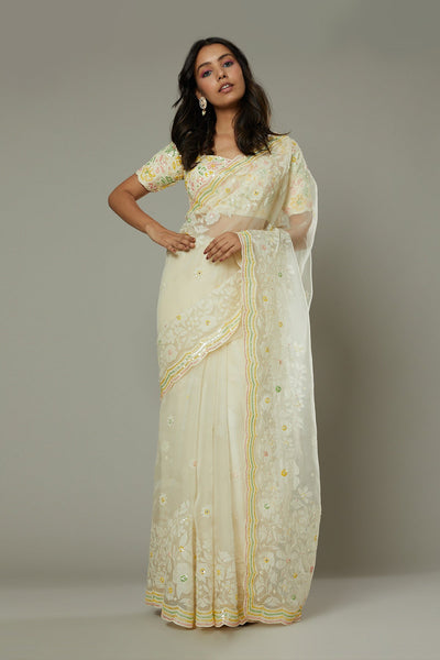 French vanilla candy applique & hand emboidered silk organza saree set