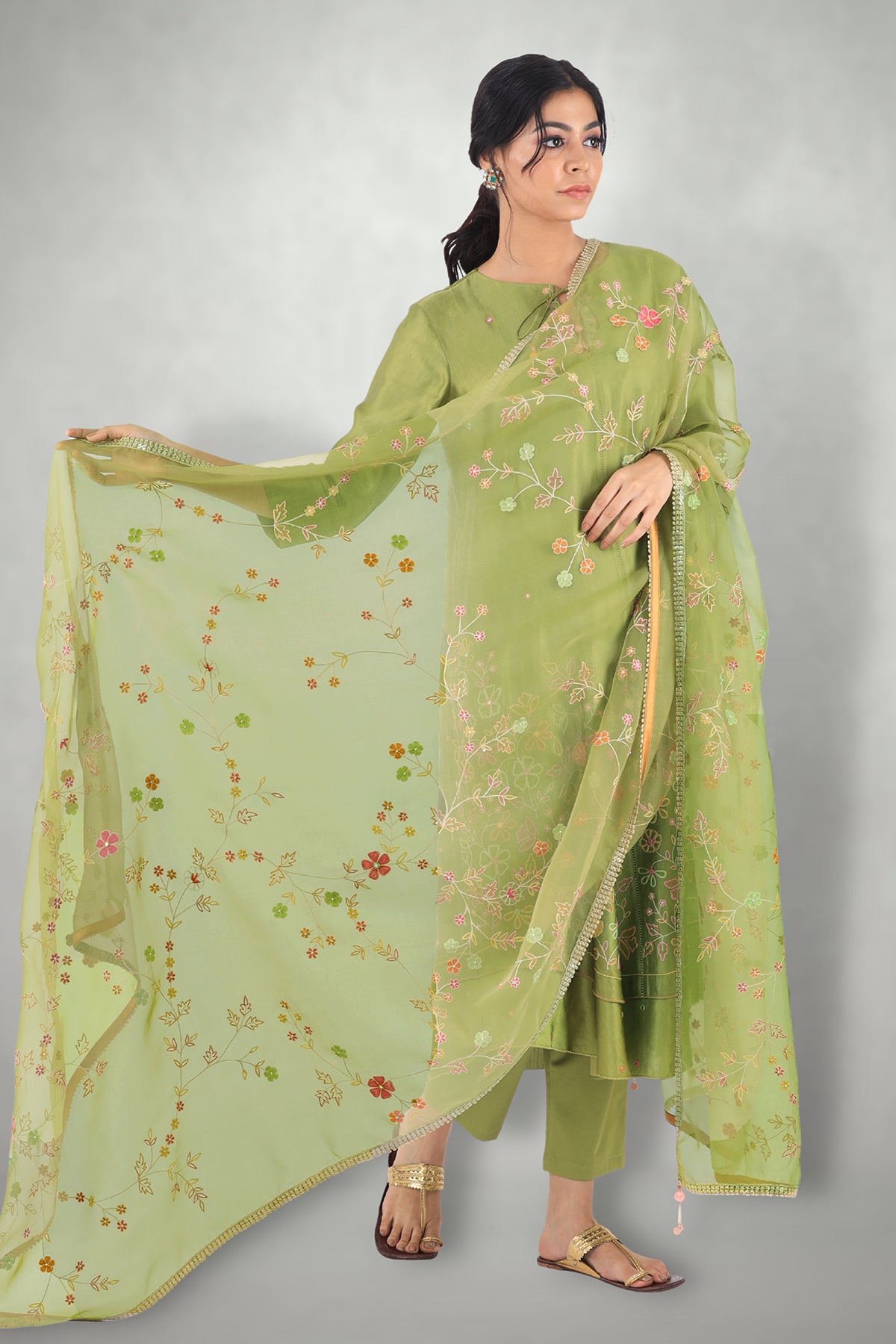 Olive Green Aari & Mirror Work Suit Set