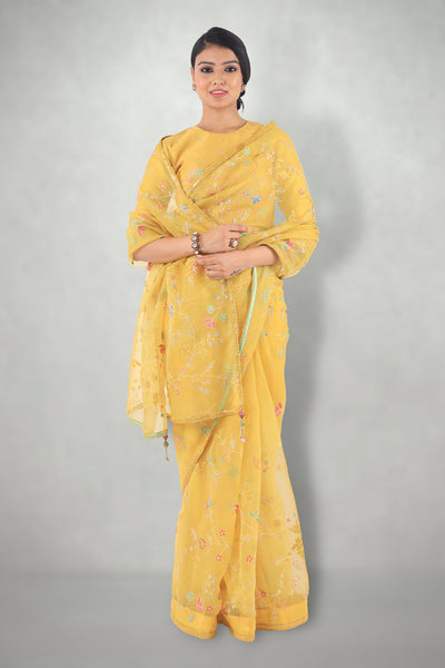 Mustard Aari & Mirror Work Saree Only