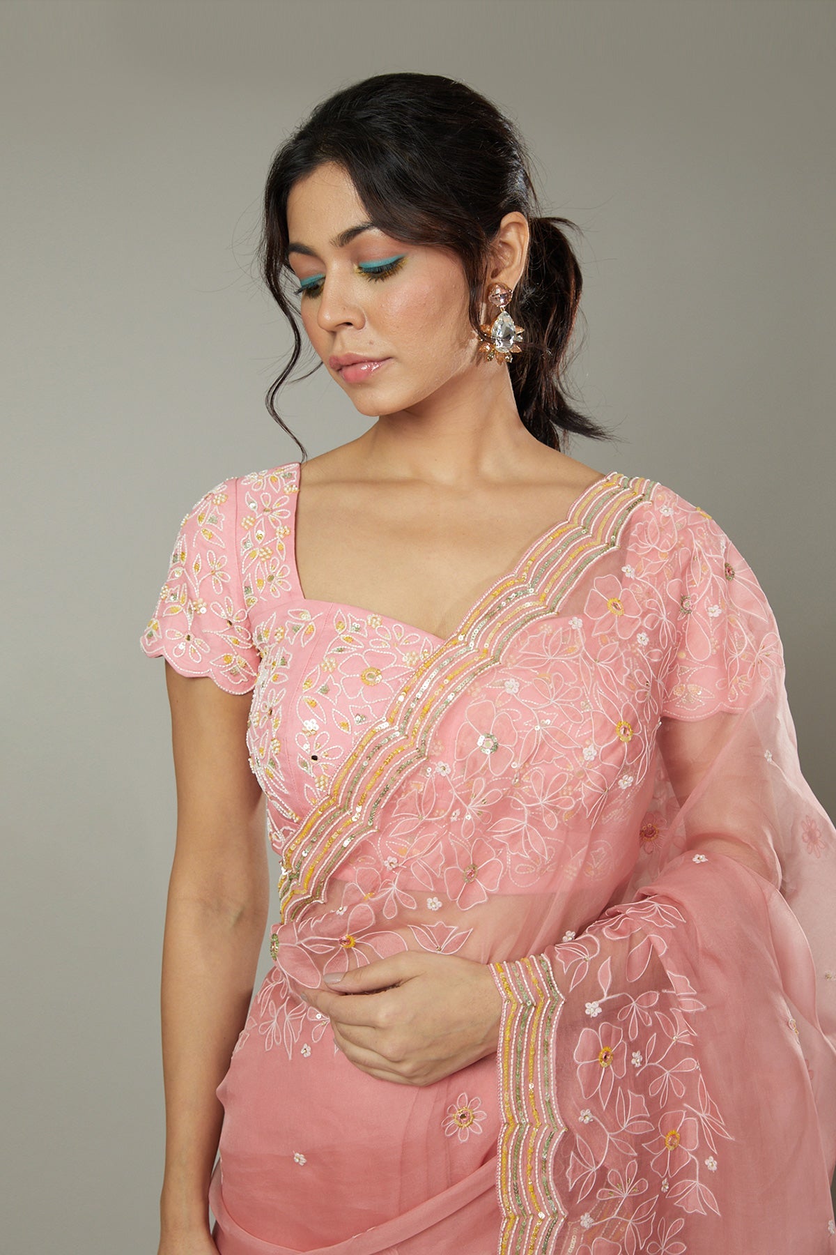 Candy floss applique & hand emboidered silk organza saree set