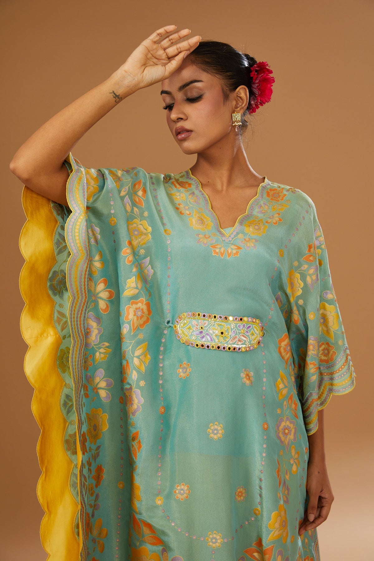 Colorful Hand Printed & Embroidered Kaftan Set