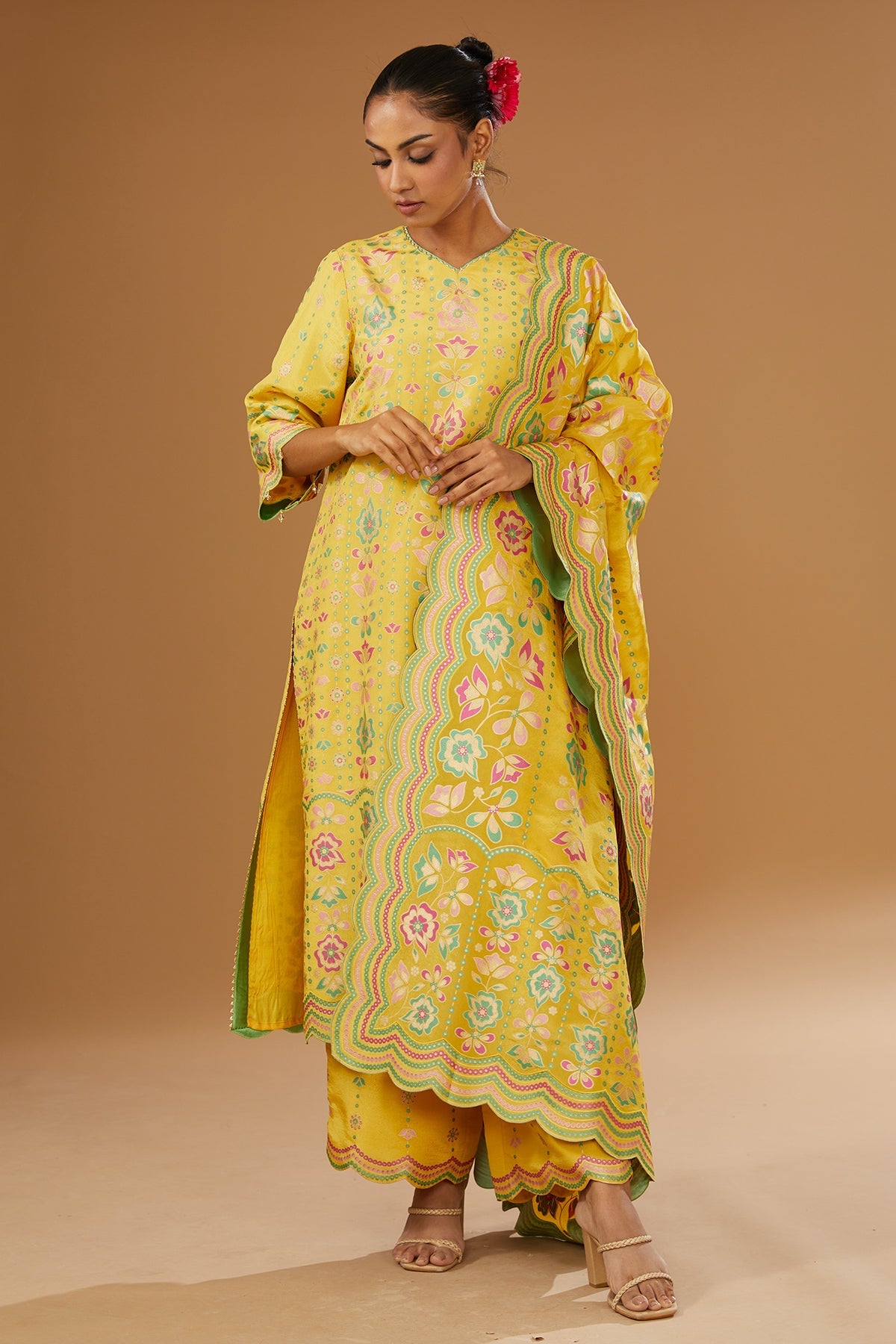 Colorful floral Hand printed silk suit Set