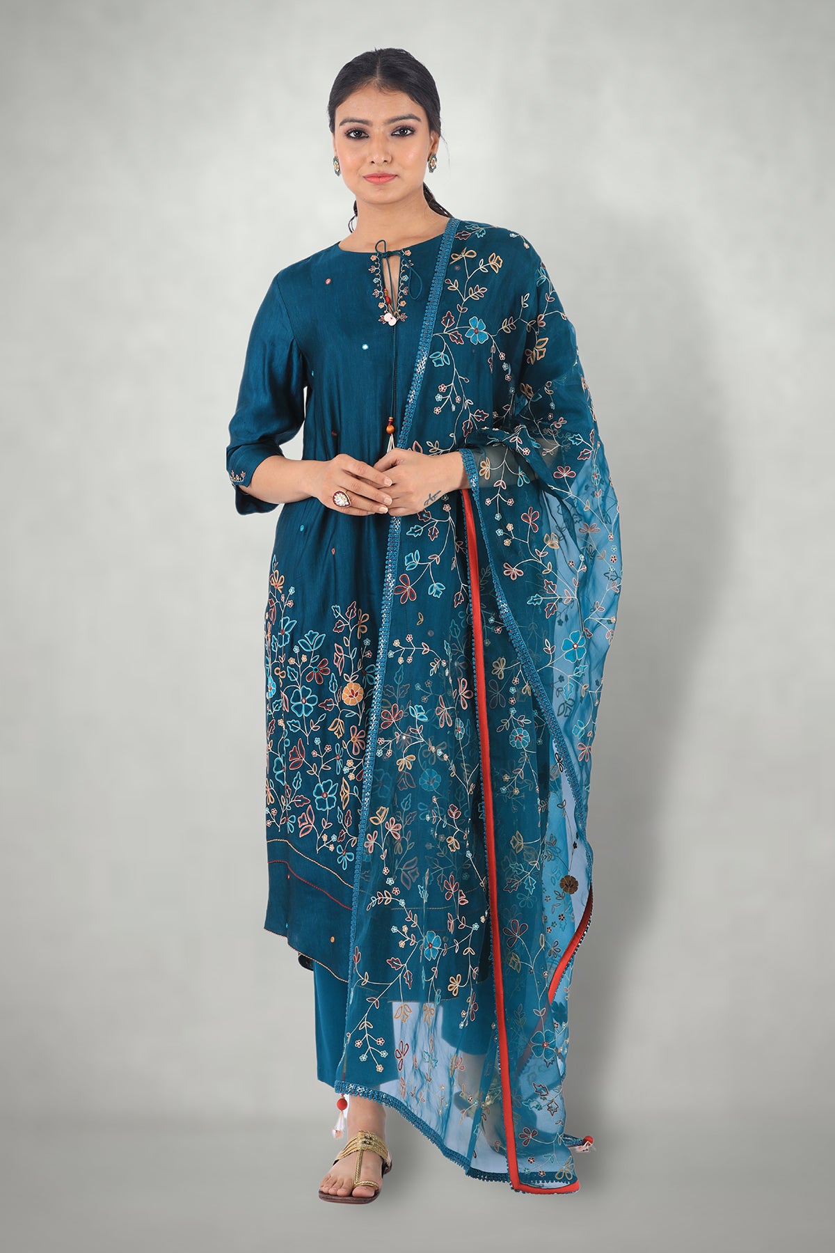 Teal Aari & Mirror Work Suit Set