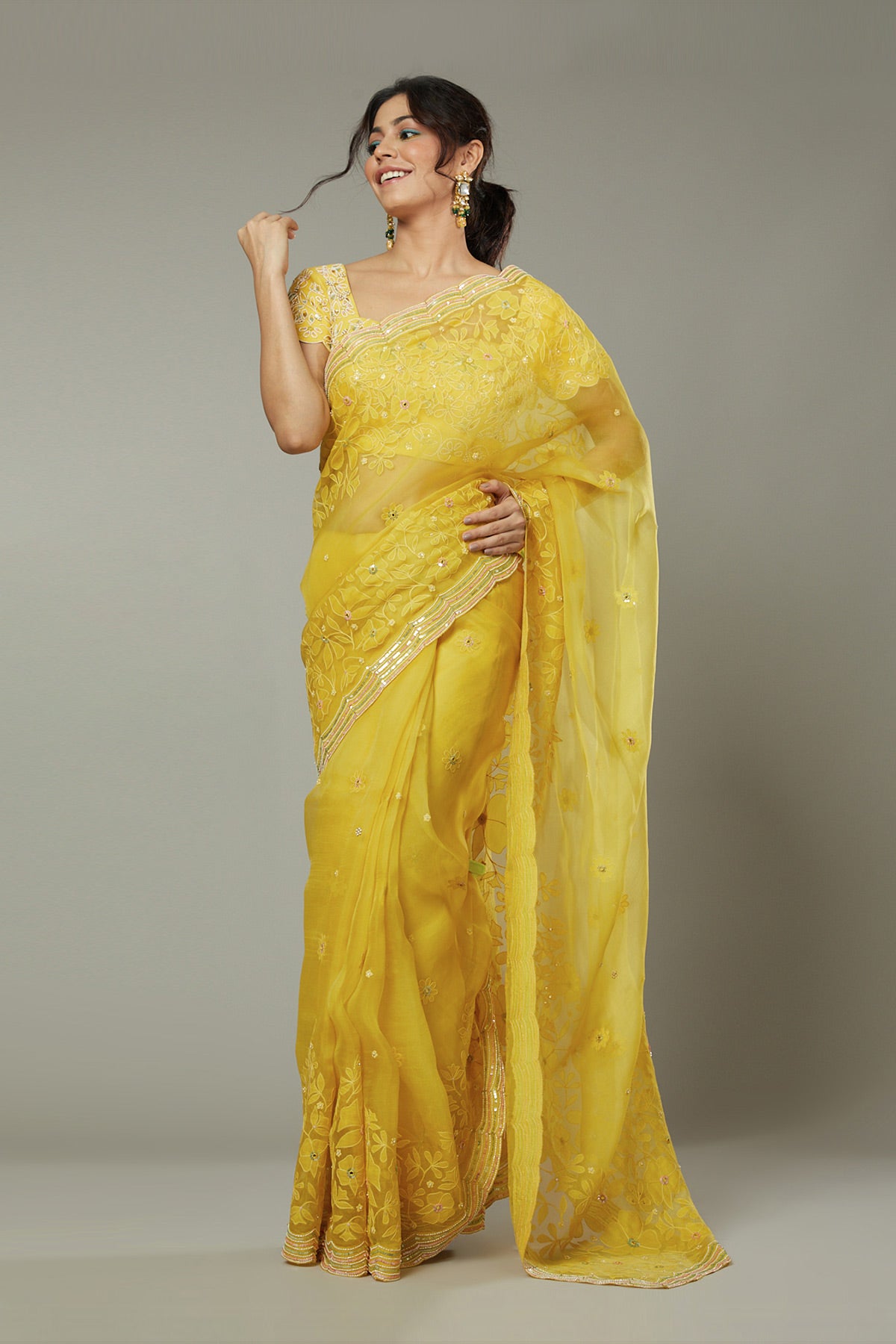 Mango bite candy applique & hand emboidered silk organza saree set