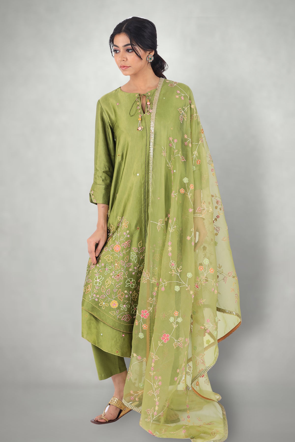 Olive Green Aari & Mirror Work Suit Set