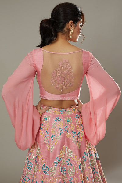 Candy floss hand embroidered raw silk lehenga set