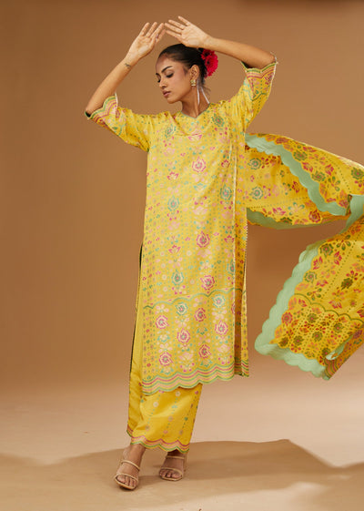 Colorful floral Hand printed silk suit Set